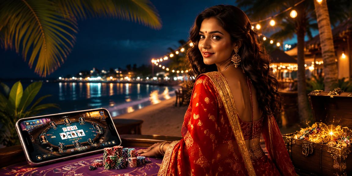 Young woman using casino app on mobile device in traditional saree